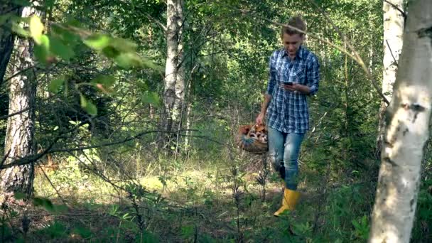 Bezorgd paddenstoelen plukker vrouw met behulp van slimme telefoon met gps manier om uit te vinden — Stockvideo