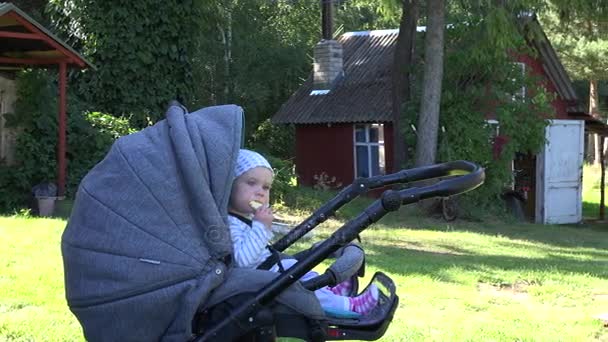 Niño feliz comiendo galleta en buggy y mujer aldeana lavándose en el patio de la granja. Panorama. 4K — Vídeo de stock