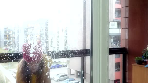 Lachende meisje vrouw spuiten venster chemische en wassen. — Stockvideo