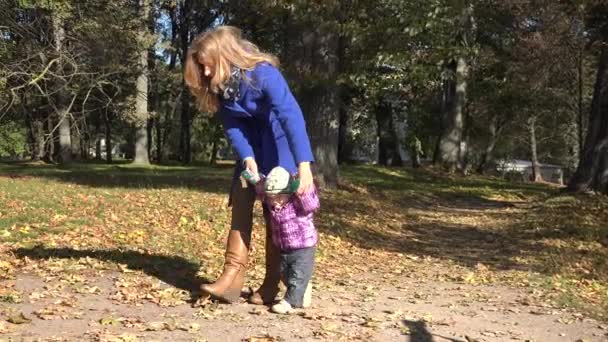 Mère marchant avec son bébé dans un parc d'automne. 4K — Video