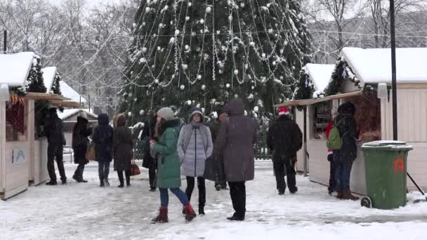 Cidadãos compram presentes e apreciam a árvore de Natal. Neve da nevasca caindo . — Vídeo de Stock
