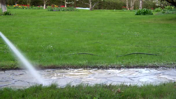 Kadın bacakları ile bahçede gumboots. su jeti ile yola yıkama. — Stok video