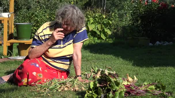 Senior country woman is sitting in vegetable garden and talk by cell phone. 4K — Stock Video