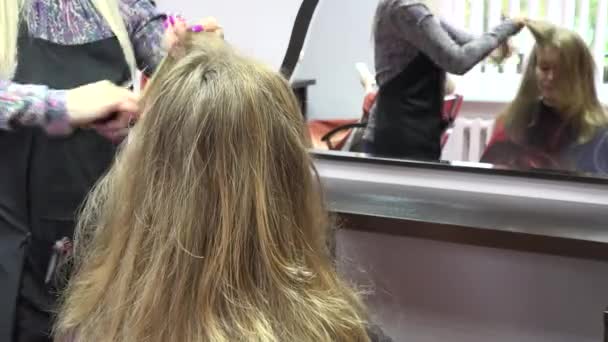 Coiffeur brosse et cheveux de cisaillement à la femme dans le salon. 4K — Video