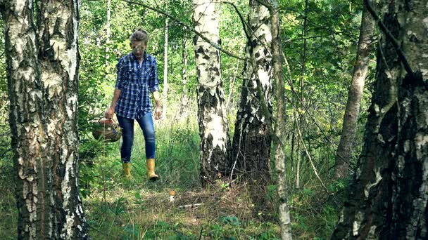 Vrouw lopen en rode GLB bronskleurig paddestoel onder berken boom vinden — Stockvideo