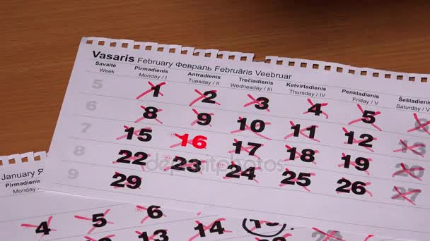 Le pagine del calendario in carta strappata dell'anno cadono sul tavolo — Video Stock