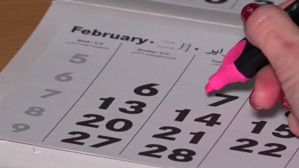 Girl hand with red marker draw a heart shape in the calendar february 14th — Stock Video