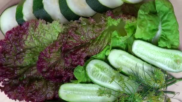 Komkommer, courgette, sla en dille. draaischijf linksom — Stockvideo