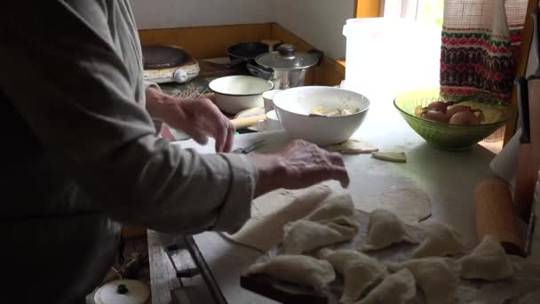 Руки пожилой женщины готовят пельмени с творогом в сельской кухне. 4K — стоковое видео