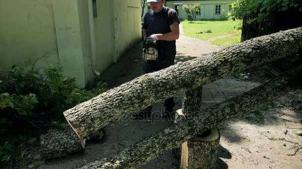 Hombre jardinero iniciar motosierra y vio tronco de árbol caído en la entrada del patio de la casa — Vídeos de Stock