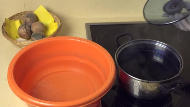 Las manos toman los huevos pintados del agua de la olla con la pintura al plato anaranjado con el agua — Vídeos de Stock