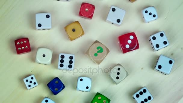 Colorful dices on wooden background. turntable — Stock Video