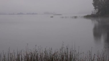 Yalnız balıkçı tekne ile yoğun sonbahar sis kaplı Gölü su üzerinde oturmak. 4k