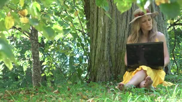 Студентка працює з ноутбуком у зеленому парку природи. 4-кілометровий — стокове відео