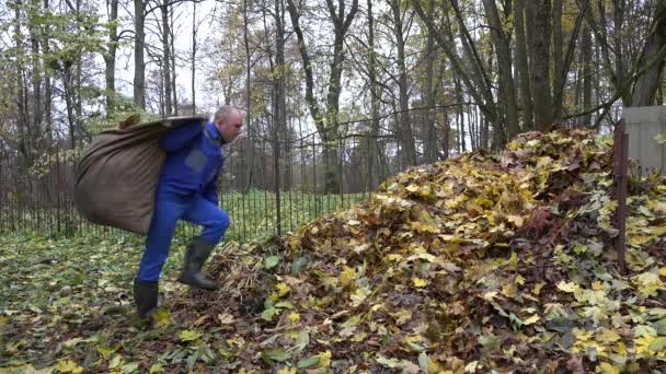 Muž pracovník hodit opomíjí sáčku do velké hromady kompostu. 4k — Stock video
