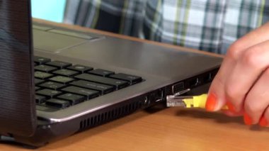 Sekreter kadın el bağlanmak Internet lan kablosu dizüstü bilgisayar için. Portre