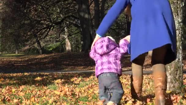 Madre caminar con niña caminar hojas de otoño en el parque. 4K — Vídeo de stock