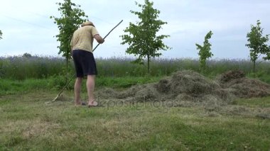 Bahçıvan adam şort ve şapka komisyon saman yaz aylarında çim kuru. 4k