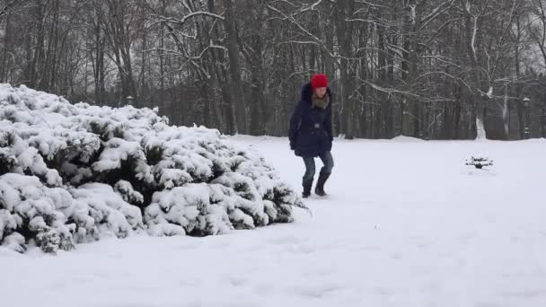 Mère et petite fille s'amusent sur luge dans un parc d'hiver. 4K — Video