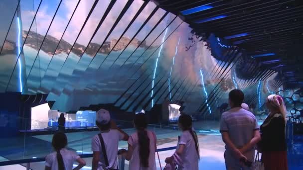 Touristen betrachten Projektionen des Meeresbodens an einer winkenden Wand im Monaco-Pavillon — Stockvideo