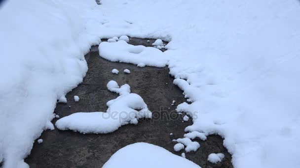 Zoom in van losse frosty stream op wintertijd. 4k — Stockvideo