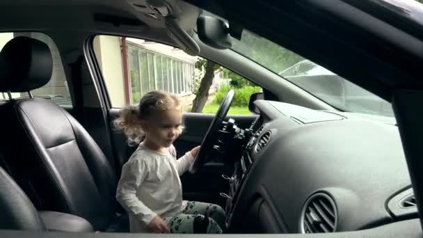 Linda chica conductora explorando el salón de coches. Adorable juego infantil en el automóvil — Vídeo de stock