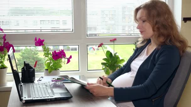 Pregnant freelancer woman making notes in notebook working at home office — Stock Video