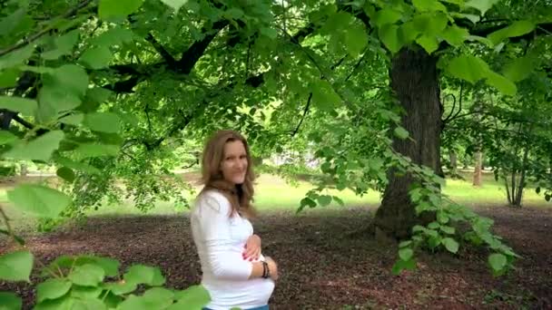 Embarazada madre de pie bajo los brunches del árbol y avivar su barriga — Vídeos de Stock
