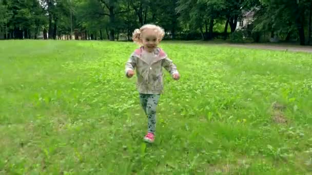 Toddler dziewczynka uruchomiona za pośrednictwem łąka w parku. Szczęśliwe dziecko zabawy na zewnątrz — Wideo stockowe