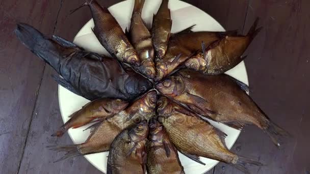 新鲜的熏制的蟑螂, 丁和鲷鱼食物。转. — 图库视频影像
