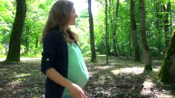 Улыбающаяся беременная женщина гуляет в парке и нежный большой живот на деревьях и солнечном свете — стоковое видео