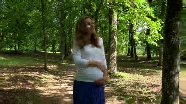 Εγκυμοσύνη και αναψυχής έννοια. Έγκυος γυναίκα στο πάρκο το καλοκαίρι — Αρχείο Βίντεο