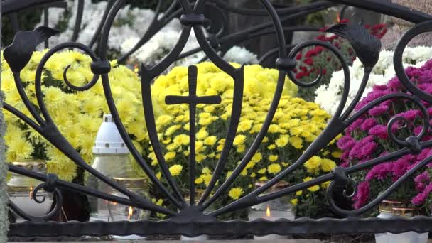 Vela de crisantemo amarillo claro en cruz de metal en el cementerio. 4K — Vídeo de stock