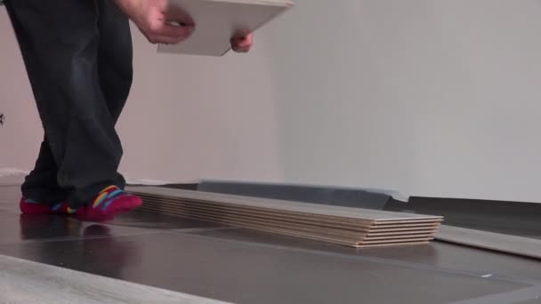 Heimwerker nehmen Laminatplatten und verlegen sie auf dem Boden — Stockvideo