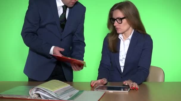 Stress at work, emotional pressure, angry boss and tired unhappy woman secretary — Stock Video