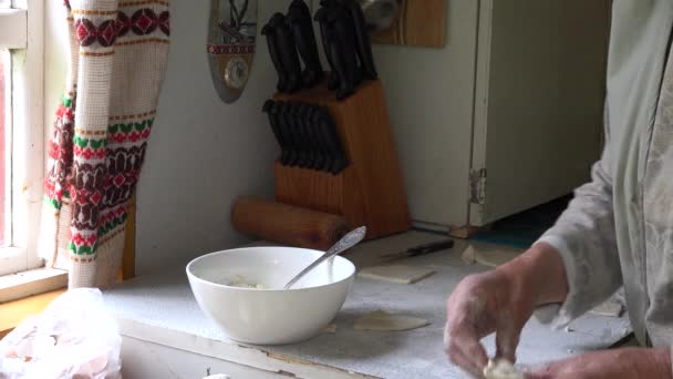 Бабушка готовит пельмени с творогом в сельской кухне. 4K — стоковое видео