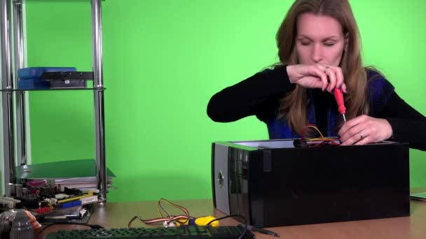 Professionnel réparateur d'ordinateur femme remplacer l'alimentation dans le PC de bureau — Video