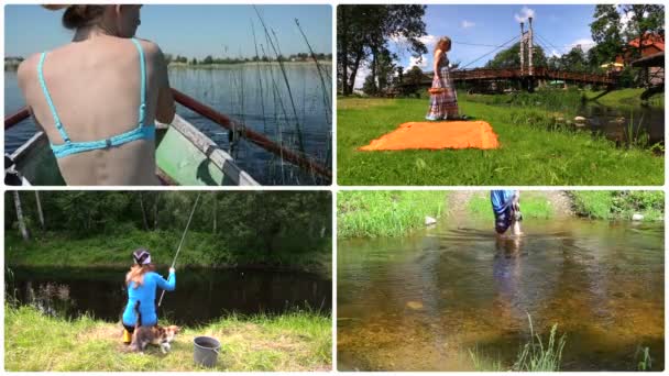 Mulher remar barco, fazer piquenique e pesca. Colagem de clip de filmagem . — Vídeo de Stock