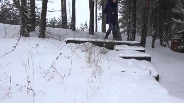 Mujer bajar escaleras cubiertas de nieve en el parque de invierno. 4K — Vídeo de stock