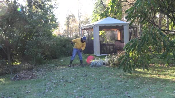 Hofwart in gelbem Pullover harkt Laub im Garten am kalten Herbstmorgen 4k — Stockvideo