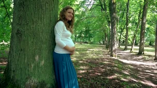 Pregnant woman in ninth month relaxing near tree trunk in park — Stock Video