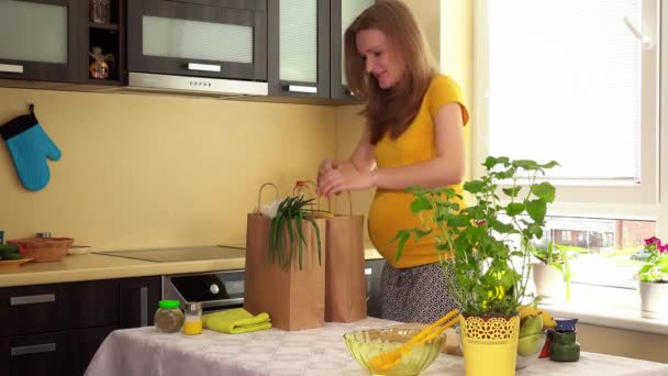 Kaukasiska gravid kvinna tillbaka från butik med påsar fulla av ekologiska grönsaker — Stockvideo