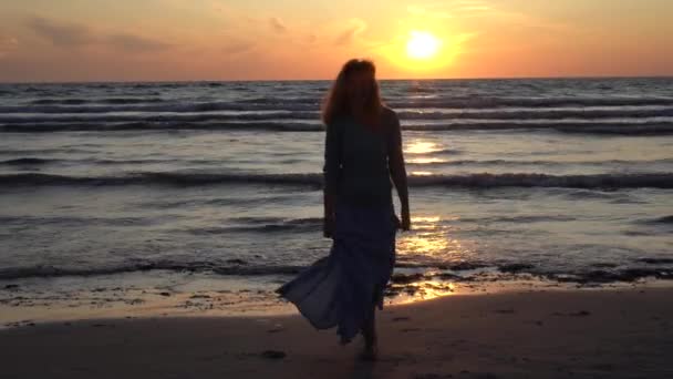 Silhouette gyönyörű lány sétál mezítláb a tengerparton naplementekor — Stock videók