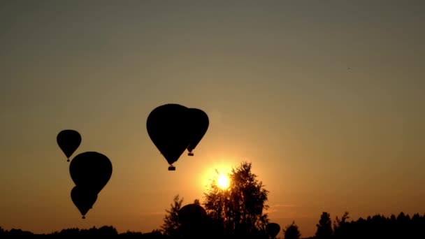 Globos de aire caliente aterrizando sobre increíble puesta de sol. Rayos de sol penetran entre los árboles — Vídeo de stock