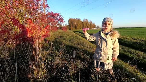 Kleines Mädchen pustet Seifenblasen im Freien. Zeitlupe — Stockvideo
