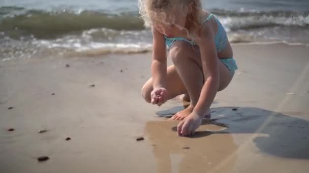 Bella ragazza bionda che raccoglie sassi di ghiaia sulla costa del mare — Video Stock