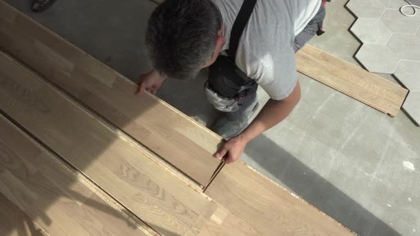 Les travailleurs professionnels posent des planches de plancher en chêne. Nouveaux travaux de finition appartement — Video