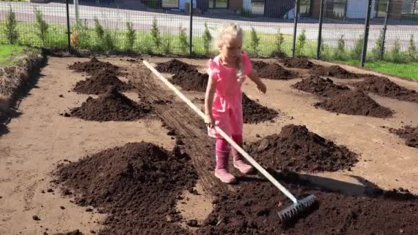 Lovely girl in pink dress with rake toll leveling ground soil in house yard — Stock Video