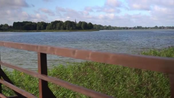 Pov Moving of Wooden Path Footbridge Connection Two Shores of Lake. — Stock video