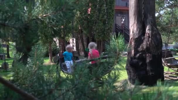 Little brother and sister swinging on retro swing hanging on chains in park — Stockvideo